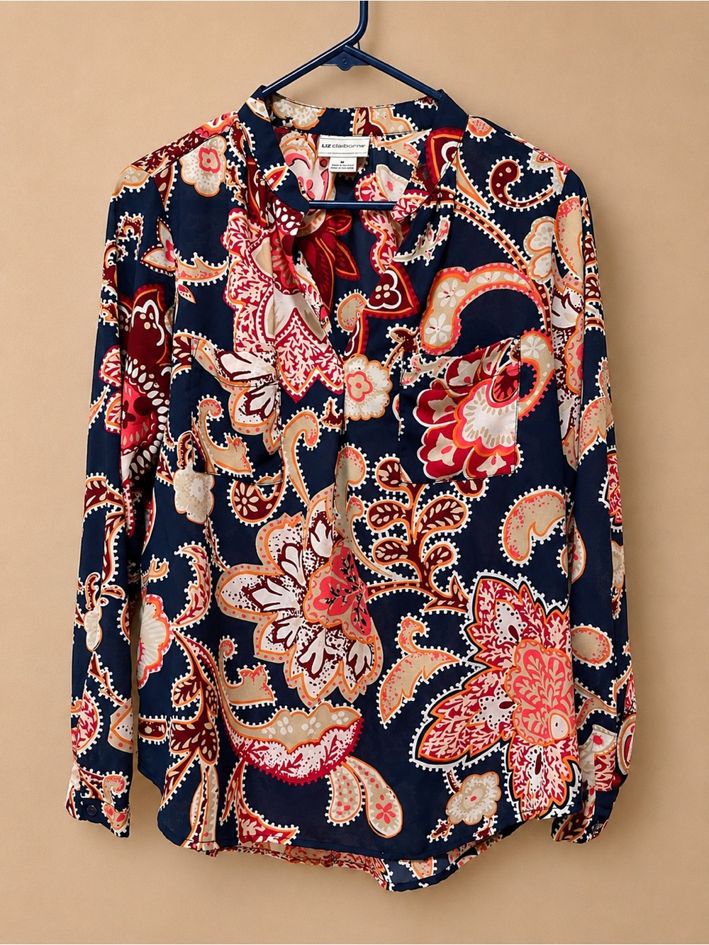 Lightweight Paisley Button-Down Shirt - Navy & Coral